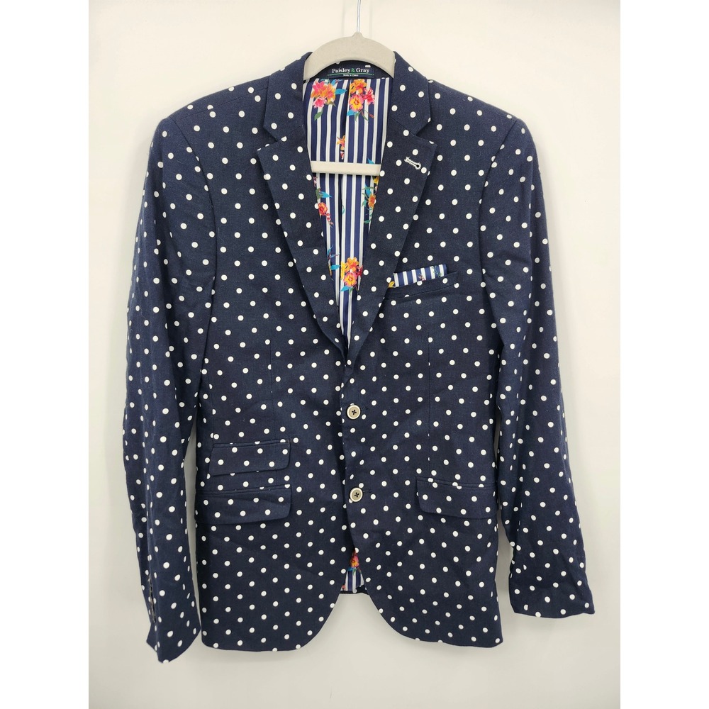 Paisley & Gray Polka Dot Blazer mens Size 38R Navy Blue Linen Blend Slim Fit